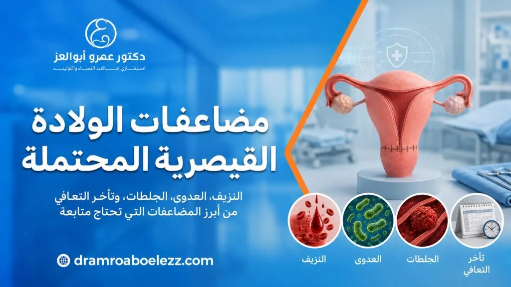 رسم طبي للرحم بعد الولادة القيصرية مع رموز توضح المضاعفات المحتملة مثل النزيف والعدوى والجلطات وتأخر التعافي.