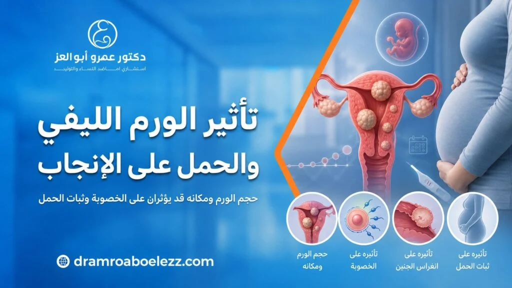 رسم طبي يوضح تأثير الورم الليفي والحمل على الإنجاب مع رحم يحتوي على أورام ليفية وجنين ورموز للخصوبة وثبات الحمل.
