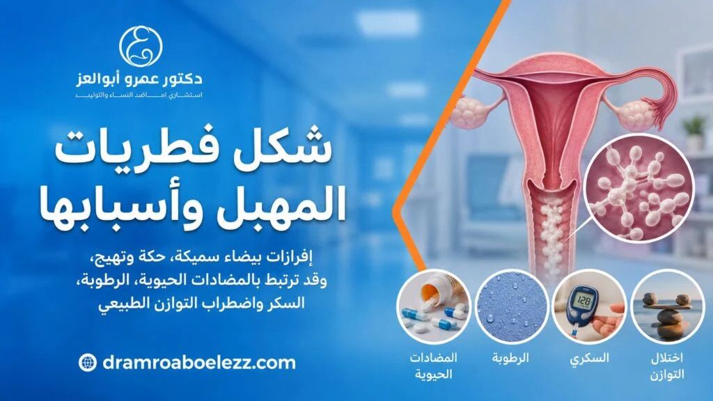 رسم طبي يوضح شكل فطريات المهبل وأسبابها مع إفرازات بيضاء سميكة ورموز للمضادات الحيوية والرطوبة والسكري واختلال التوازن.