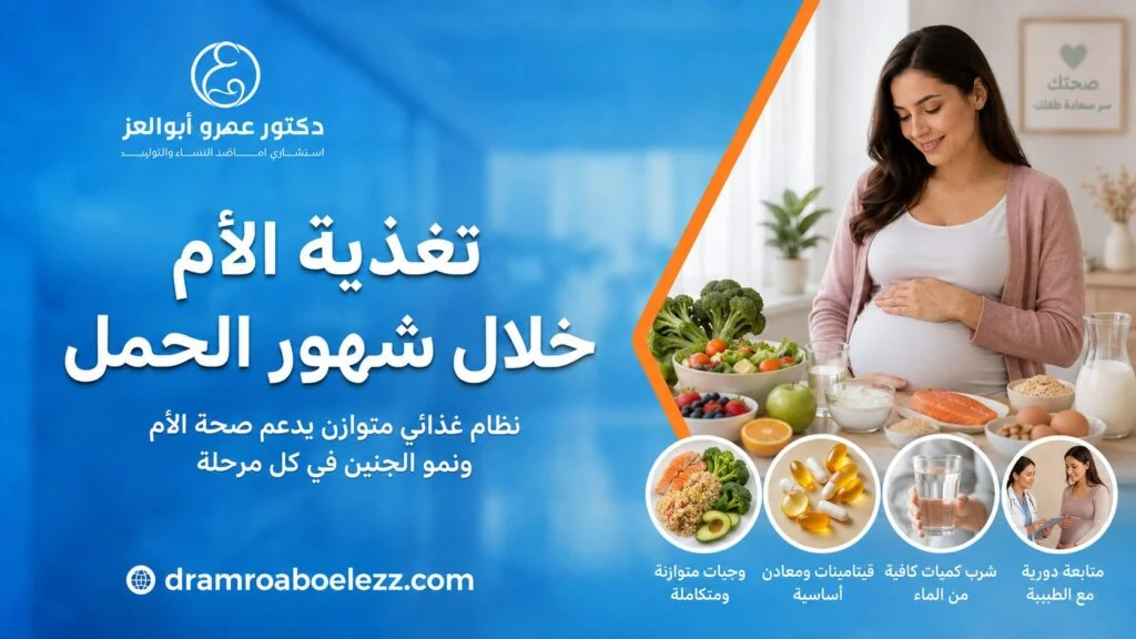 صورة توضح تغذية الأم خلال شهور الحمل مع أطعمة صحية للحامل مثل الخضروات والبروتينات والماء والفيتامينات والمتابعة الطبية.