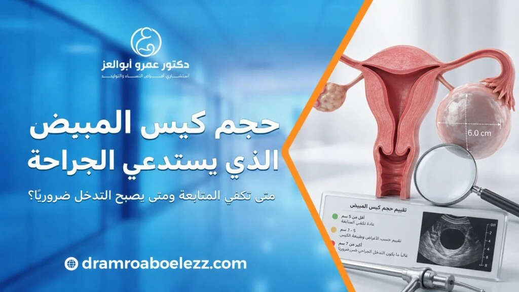 رسم توضيحي للجهاز التناسلي الأنثوي مع قياس حجم كيس المبيض لتحديد متى تحتاج الحالة إلى جراحة.